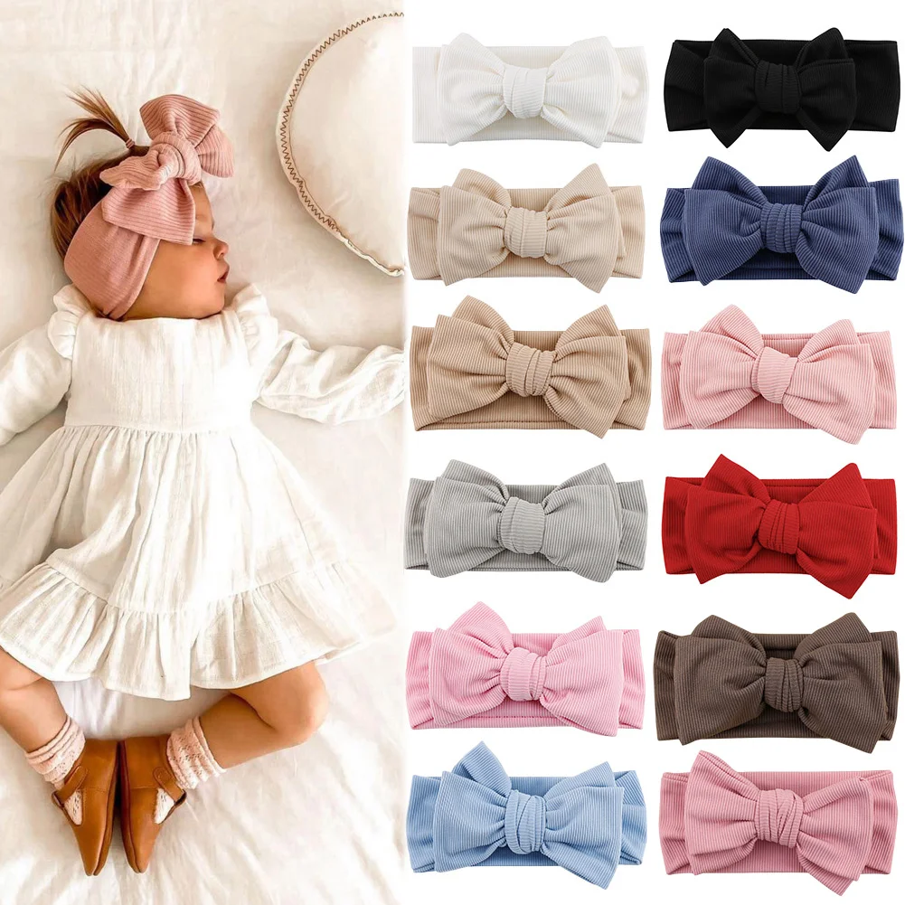 

Solid Ribbed Cotton Baby Headband Big Bow Double Layers Knotted Headwraps Newborn Boys Girls Elastic Hair Bands Accessories