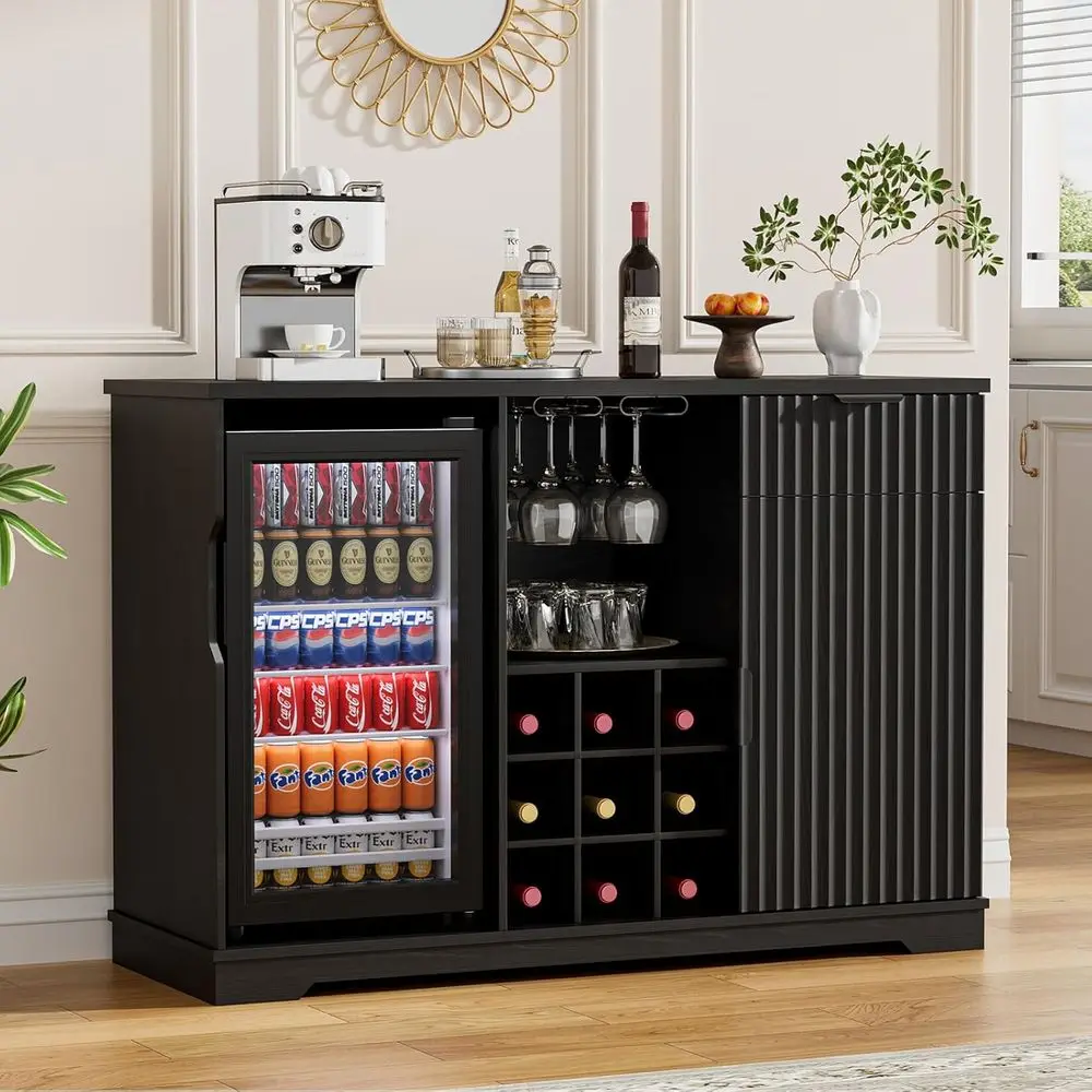 Black 47 Home Bar Cabinet with Built-in Fridge, Wine Rack, and Glass Holder for Kitchen or Dining Area