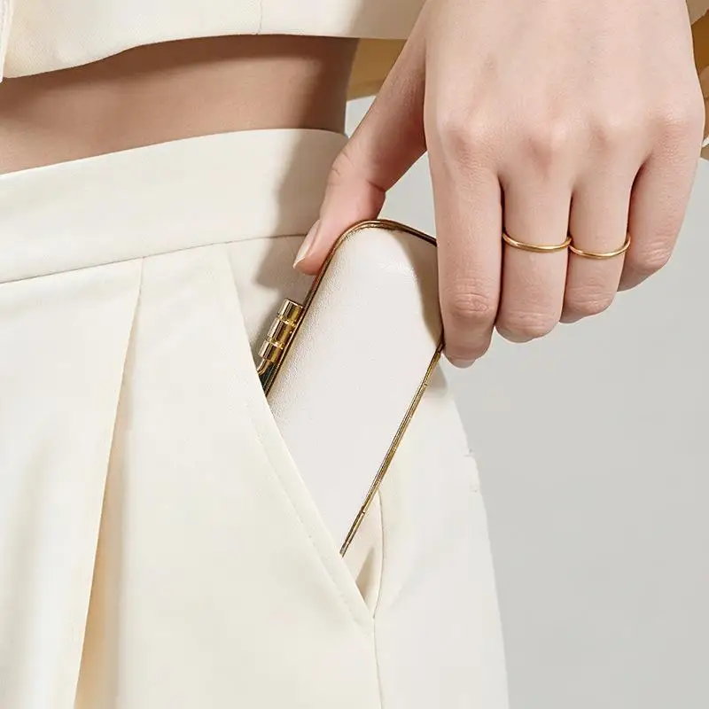 Kiss Lock Clasp Mini Ring Box Velvet Slots Lining Faux Leather Outer Earring Studs Organizer Gold Metallic Trim