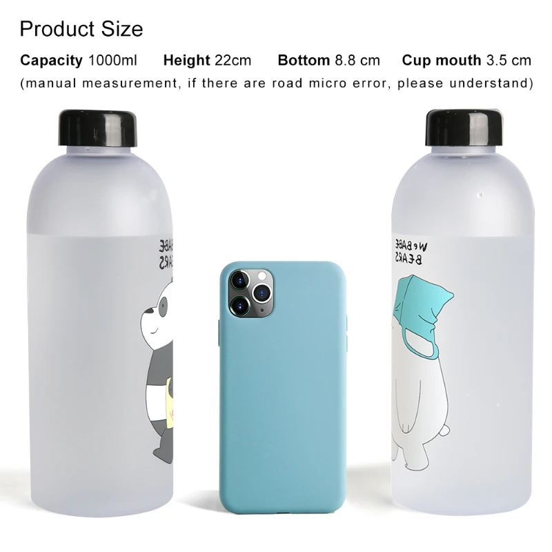 Water Bottles with Straw Cute Panda Bear Cup 1000ml Transparent Cartoon Water Bottle Drinkware Frosted Leak-proof Shaker Bottle