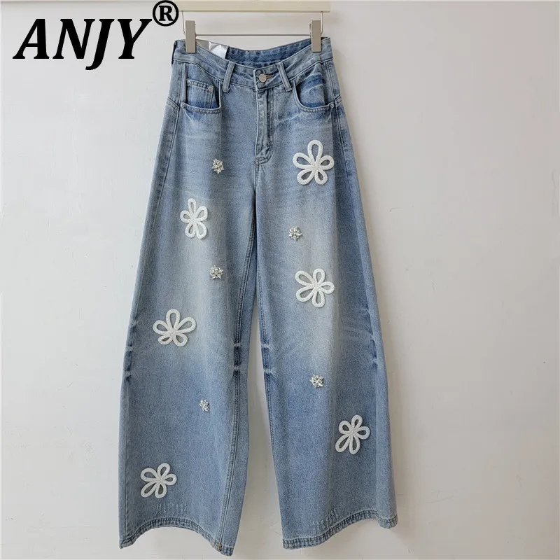 ANJY Spring Autumn New Women Korean Style Washed Casual Denim Pants Handmade Three-dimensional Floral Designs Loose Jeans A28357