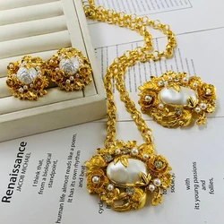 Vintage Floral Stud earrings Ear clip Brooch Necklace Set ladies jewelry Party Accessories Gift