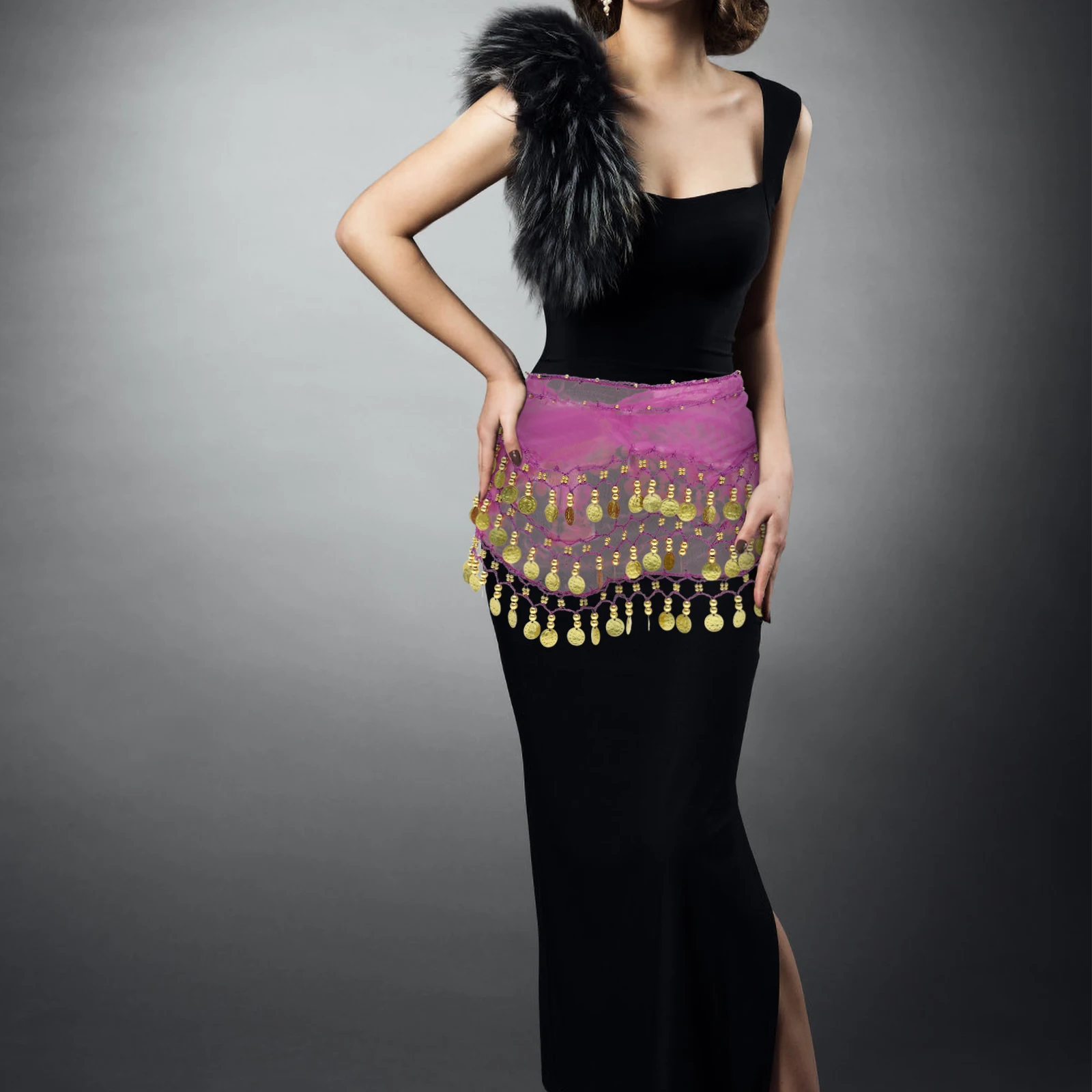 

Purple Skirt 128 Coins Women Shaking Sound Accessory Belly Skirt Belly Scarf Dance Scarf Hip Veil Dance Movement