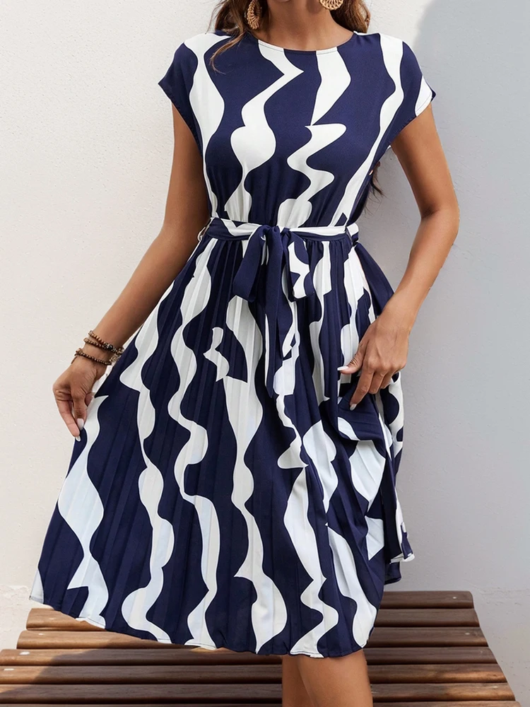 เดรสยาวปานกลางทรงโอเวอร์ไซส์ คอทรงโอ จับจีบ แต่งลายพิมพ์แฟชั่น พร้อมเชือกผูกเอว สำหรับผู้หญิง ฤดูใบไม้ผลิ/ฤดูร้อน