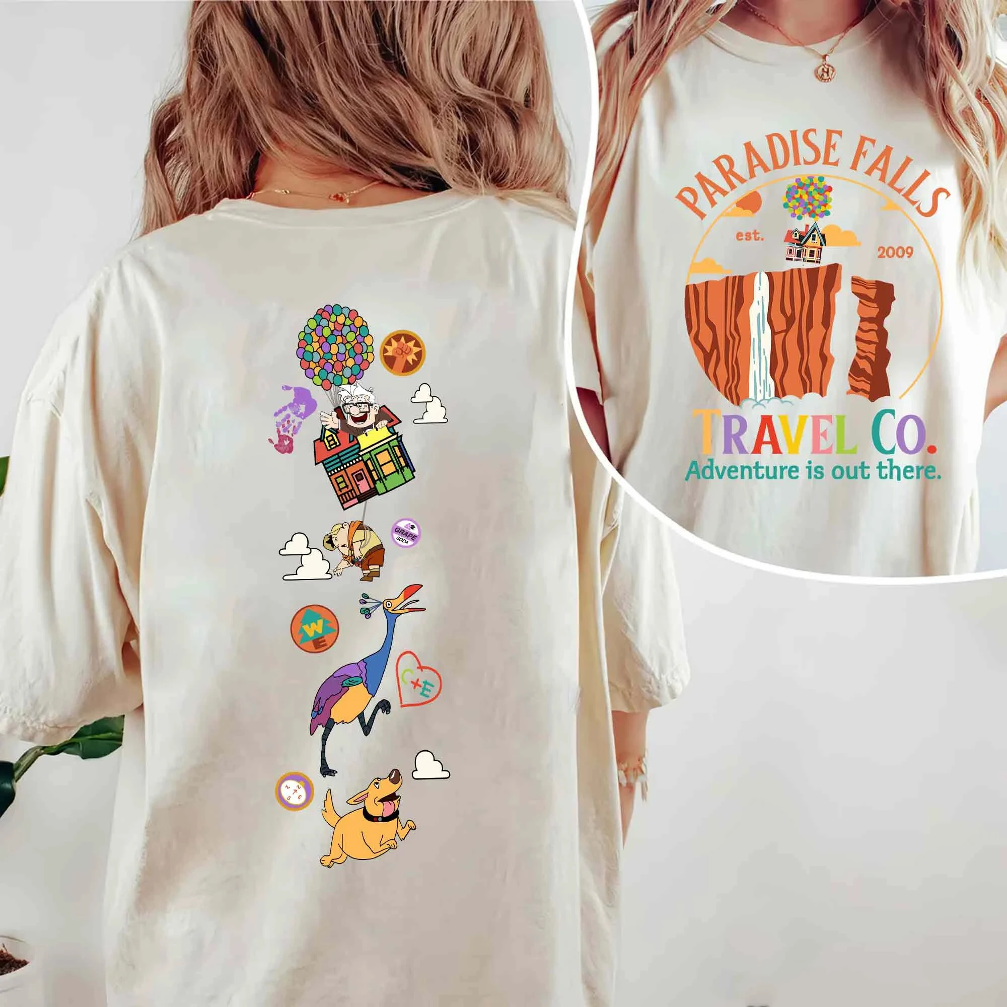 تي شيرت "Double Face Movie" Paradise Falls Vacation Trip 2009 بألوان مريحة، Carl Kevin Dugger Dog Russell، فستان عائلة ديزني #5