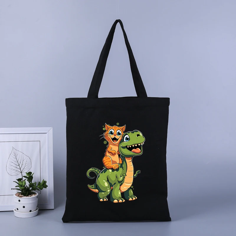 Borsa della spesa in tela stampata gatto dinosauro borsa a mano di grande capacità borsa da scuola per studenti