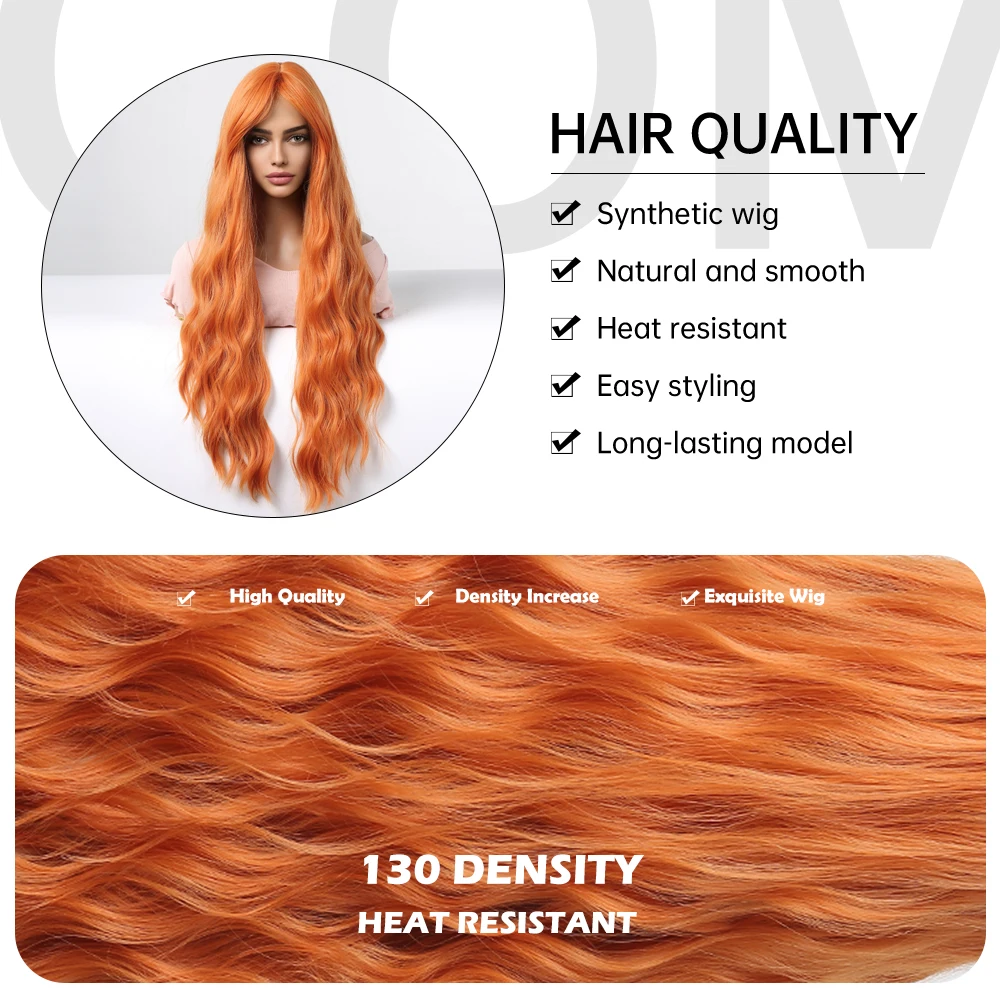 Copper Ginger Orange Long Water Wave Synthetic Wigs with Bangs for Women Cosplay Party Curly Wave Hair Wig Heat Resistant Fiber