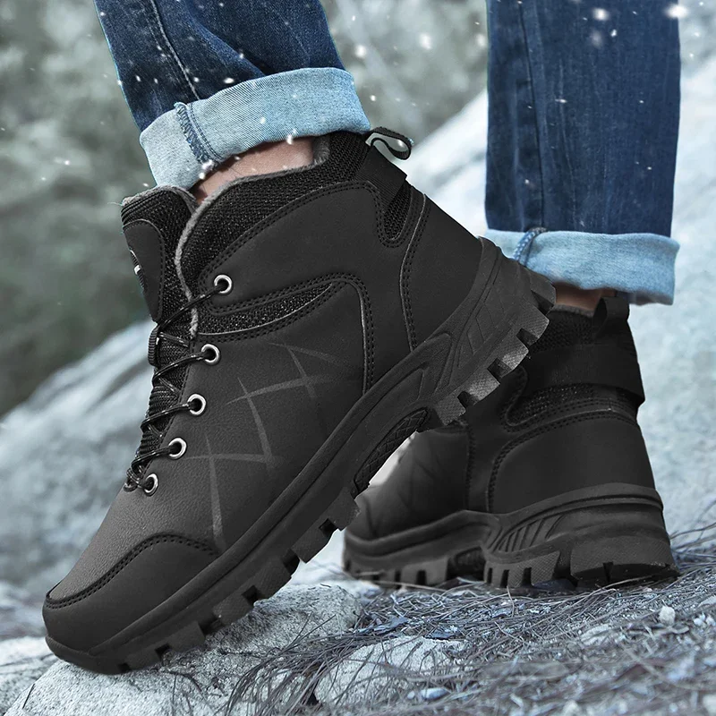 Zapatos de senderismo para hombre, botas de nieve para exteriores, zapatos de felpa gruesa, impermeables, antideslizantes, cálidos, Invierno