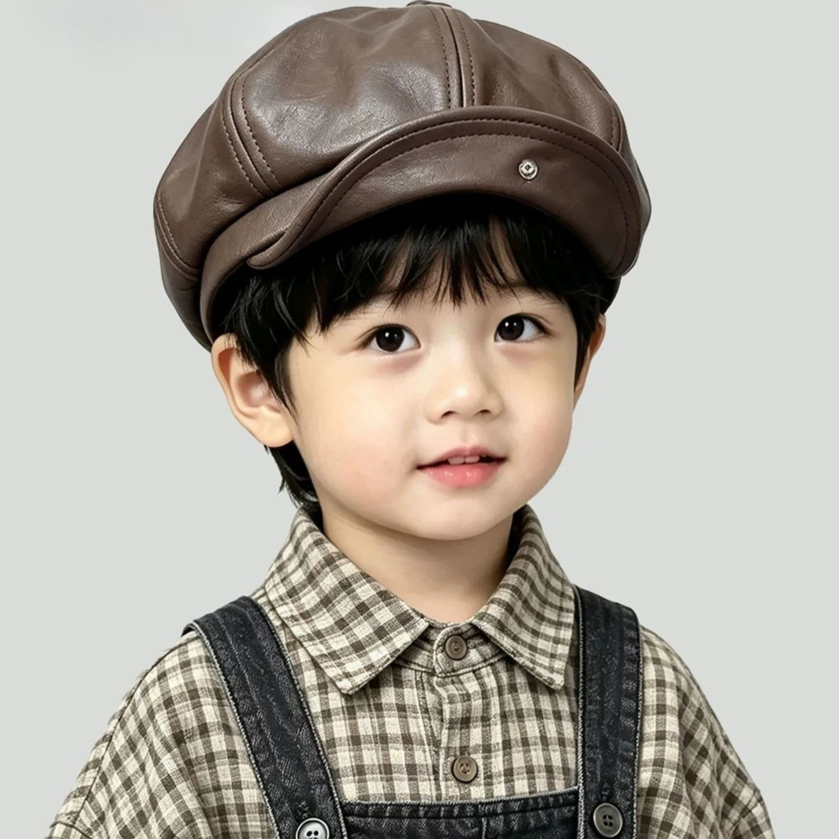 Kinder PU-Leder Baskenmütze im Retro-Wasteland-Stil, achteckige Newsboy-Mütze mit Schnallenkrempe, Straßenmütze für Jungen und Mädchen für alle Jahreszeiten – Detail 3