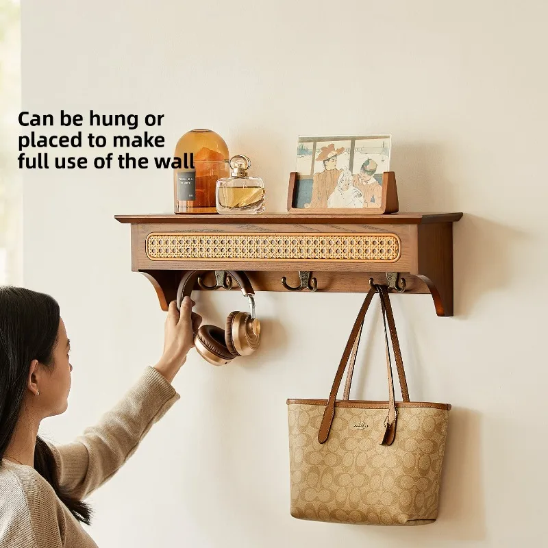 

Wall Mounted Coat Rack Rattan Entryway Shelf with Hook Modern Hanging Organizer for Jackets and Hats Space-Saving Storage Hanger
