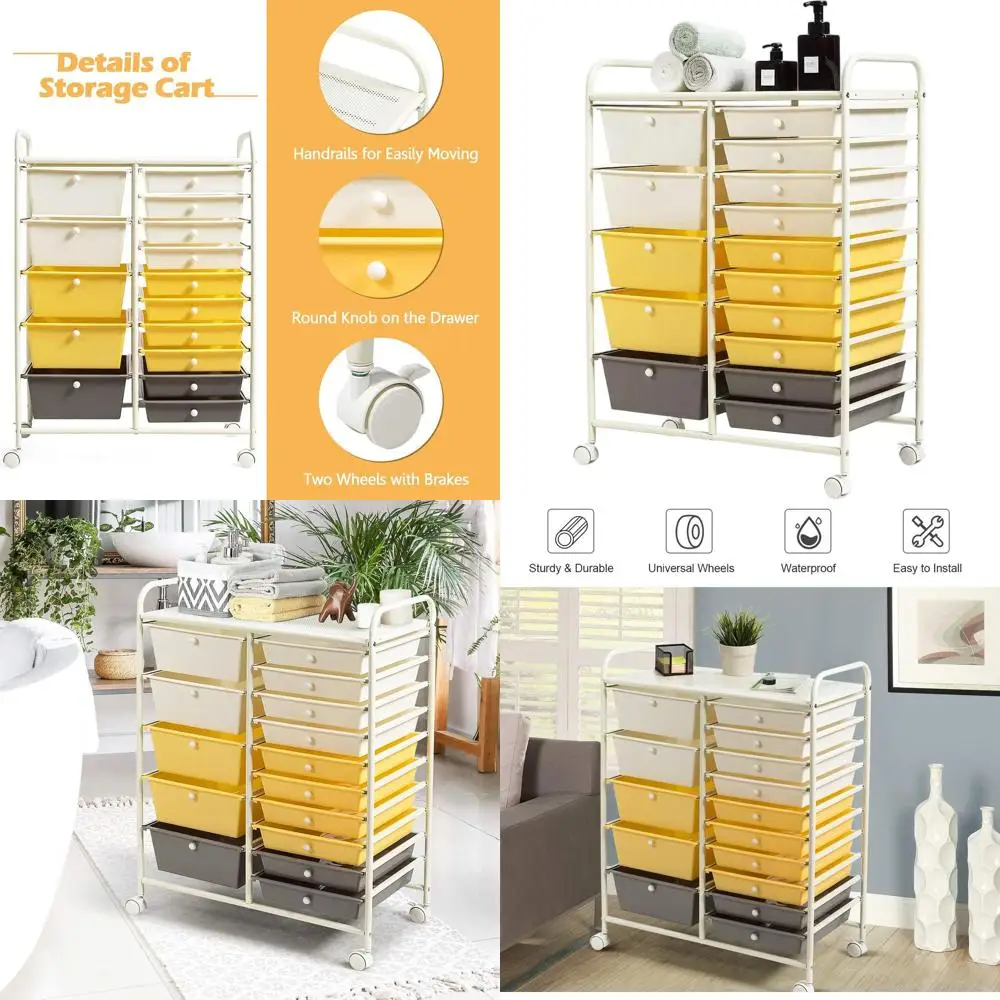 

Тележка для хранения с выдвижными полками и блокируемыми колесами, идеально подходит для художественных принадлежностей, дома, офиса или класса, желтая