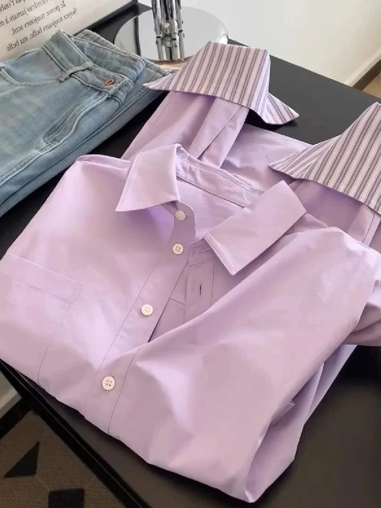 

Faionable Striped Long Sve irt с одной пуговицей Цветная блузка Дизайн Осенний женский топ Ele Корейский Sle Commute Wind