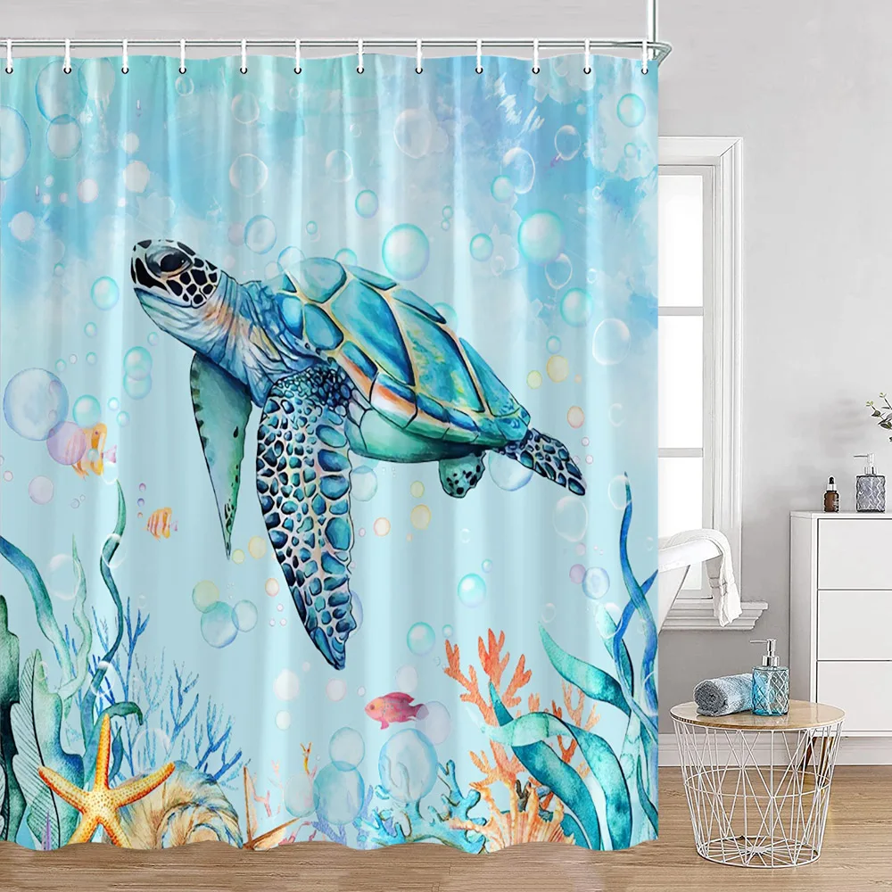 Ocean Animals Watercolor Shower Curtains Sea Turtle Octopus Starfish Bathroom Curtains Sea Theme Kid Bath Decorations with Hooks