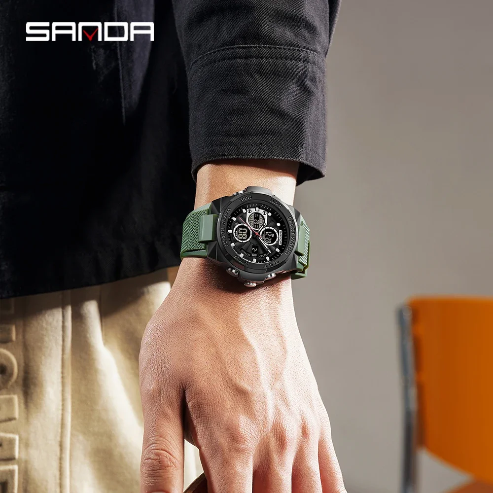 SANDA 3378 Nieuwe Luxe Sport Herenhorloge Dual Display Waterdicht Lichtgevende Man Horloge Quartz LED Chronograaf Relogio Masculino