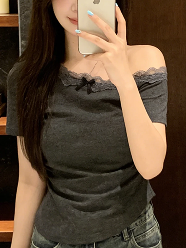 

Summer New plus Size Sexy Miu Lace Splice Shoulder Bared Short Sleeve T Pure Desire Wind Pleated Slimming Top Women's Fashion