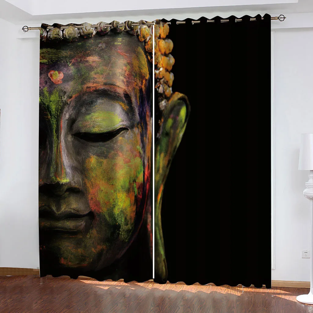 Blackout curtain 3D statue of Buddha or Bodhisattva curtains for windows living room, luxury Curtains for bedroom, 2 Panels