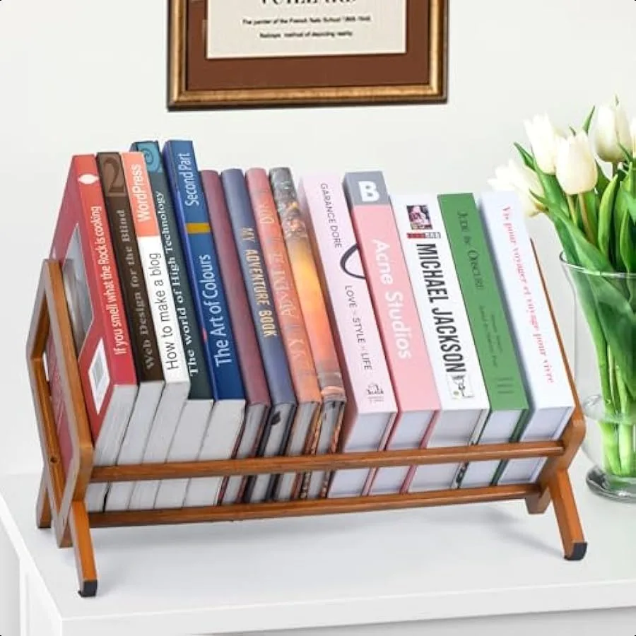 竹デスクトップ本棚レトロデスク本棚オーガナイザー卓上本棚大型マガジンホルダーラックホームオフィス用 Tiltin