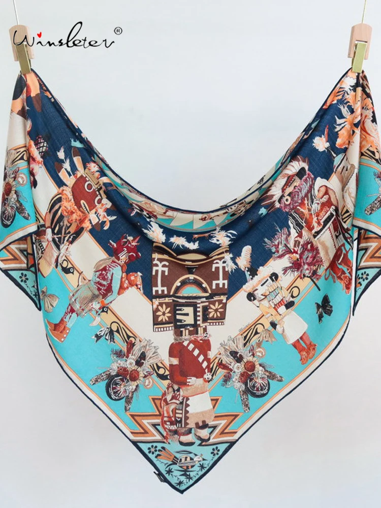 

Winsleter-Женский элегантный шарф из 30% шелка, 70% шерсть, двусторонний принт 125*125*190 см, шарфы в стиле ретро для подарков маме, осень 2023, A58842CC