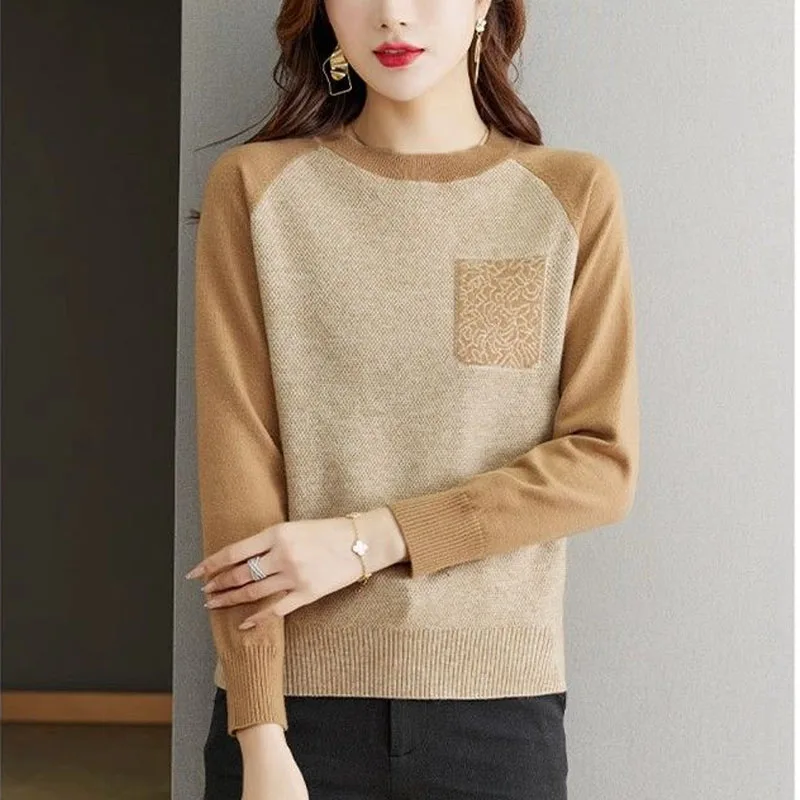 New Autumn Fashion Trend Colorblock Round Neck Loose Versatile Western Style Reducing Age Slimming Women\'s Sweater