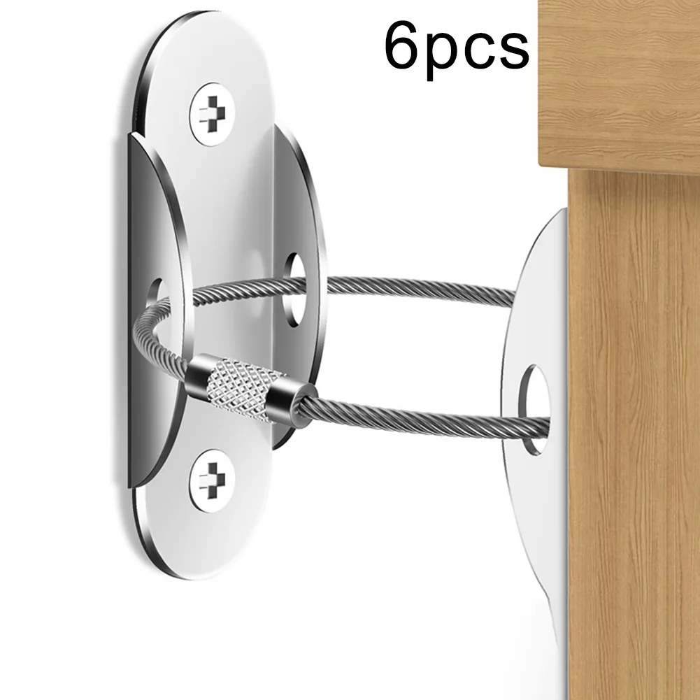 6PCS Stainless Steel Anti Tilt Fastener Kit for Furniture Cabinets with Metal Brackets and Steel Cables to Prevent Tipping Risks