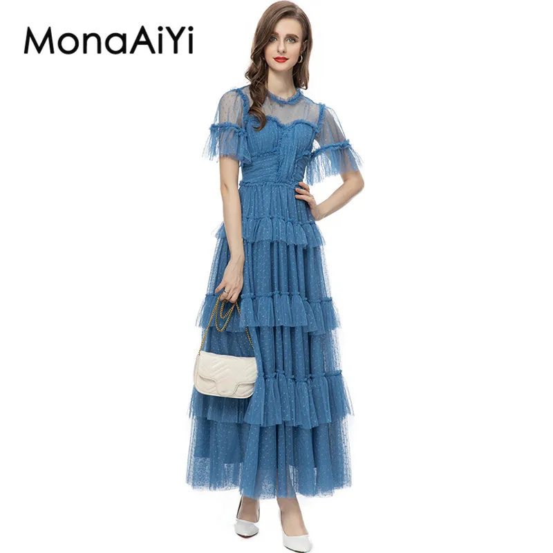 

MonaAiYi Fashion Designer Dress Women's Dot Print Translucent Mesh Fabric Pleated Tiered Ruffles Blue Vacation Casual Dresses