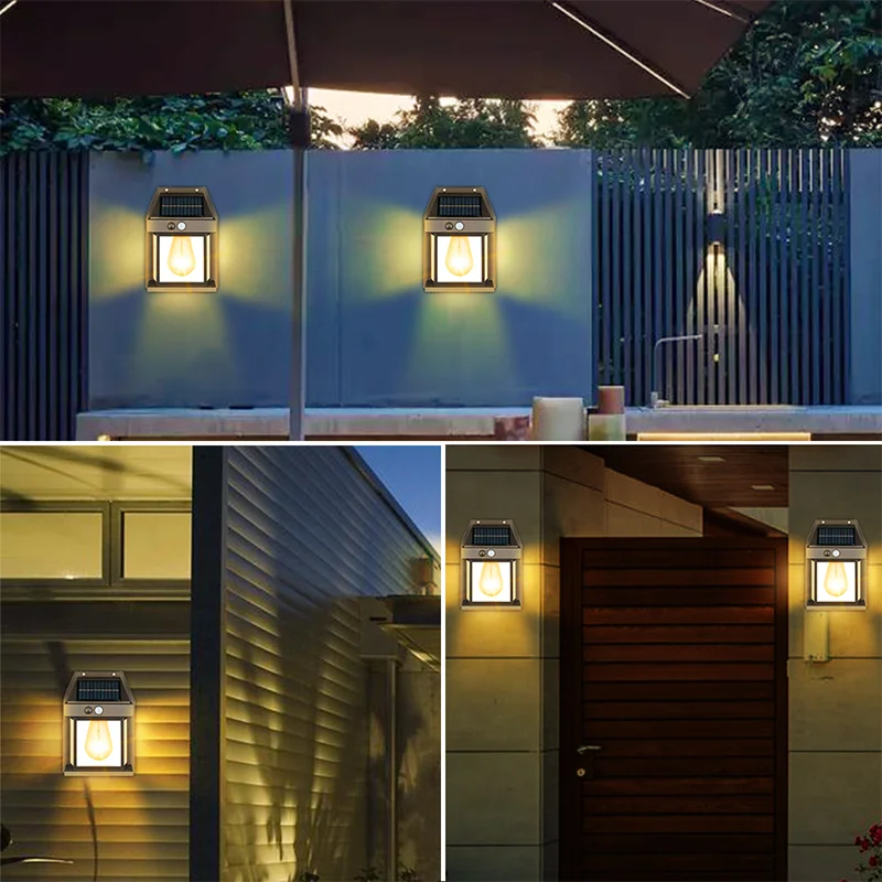 Solar Tungsten Wire Bulb Lâmpada de parede, LED Outdoor Solar Lights, Sensor de movimento, Decoração do jardim, impermeável, Yard Power