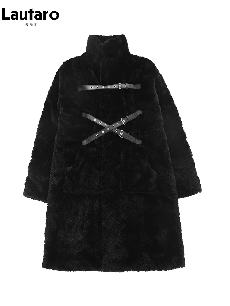 Lautaro Winter Coole Lange Lose Beiläufige Weiche Dicke Warme Schwarz Fuzzy Faux Pelzmantel Frauen Stehen Kragen Punk Stil Flauschige Jacke 2023