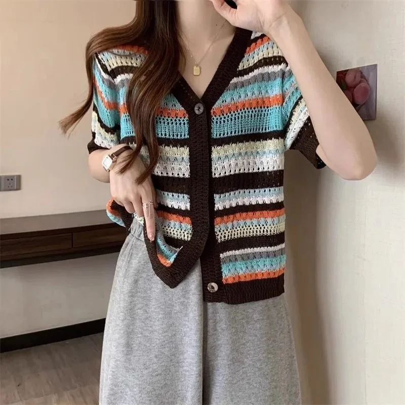 Slimming Open Cardigan Women's Loose Fit ort Sve Hollow out Knitted Top Thin Summer Color Blo Knitwear Polyester Fiber