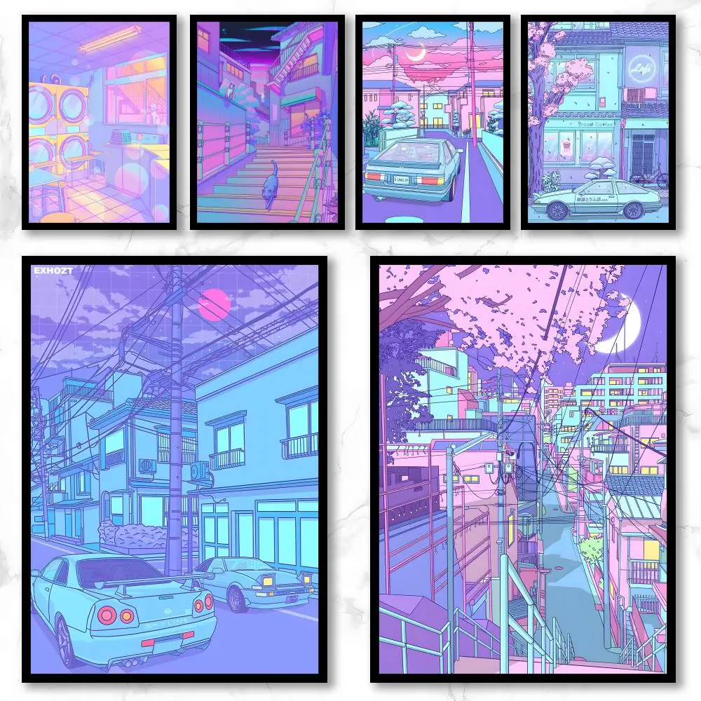 Art N-Neon City Street Vaporwave Poster Premium Art Wall Decor, Simple Ornament for Living and Leisure Areas