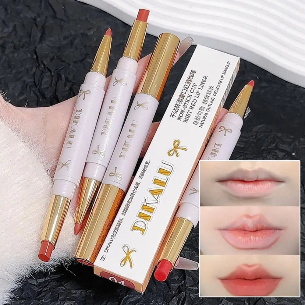 Delineador de labios de doble punta y lápiz labial líquido, terciopelo suave, resistente al agua, mate, maquillaje de larga duración, a prueba de duradera D0I6