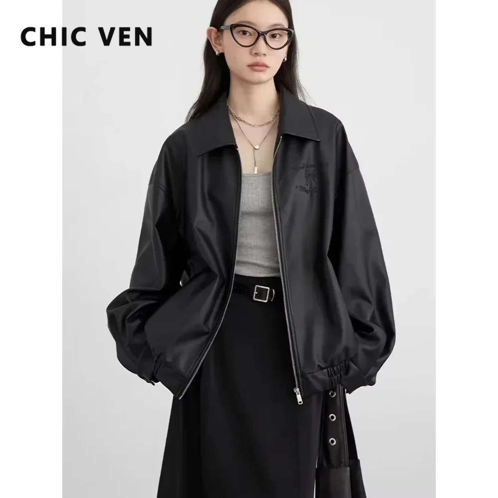 

CHIC VEN Women Jacket Black Loose BF Style Embroidered PU Leather Female Overcoat Oversized Coat For Girl Spring Autumn 2024