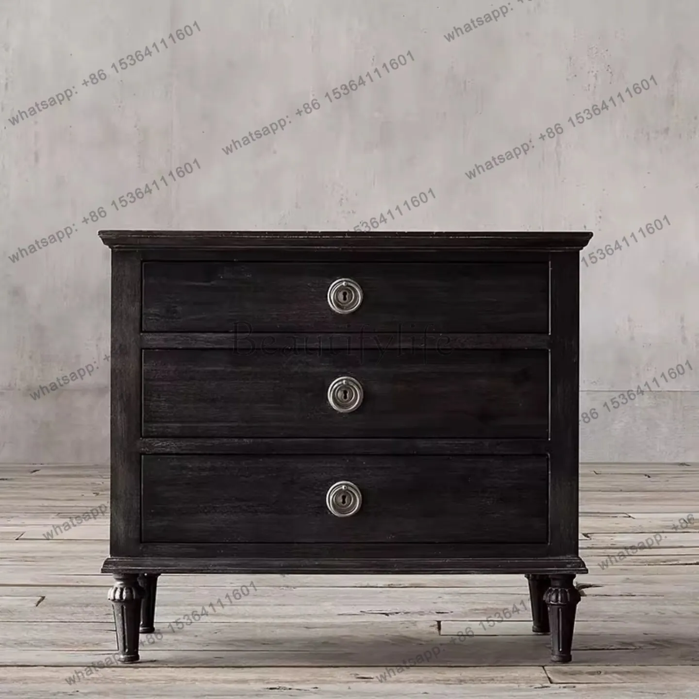 Oak grey bedside table solid wood carved bedroom three draw bedside table