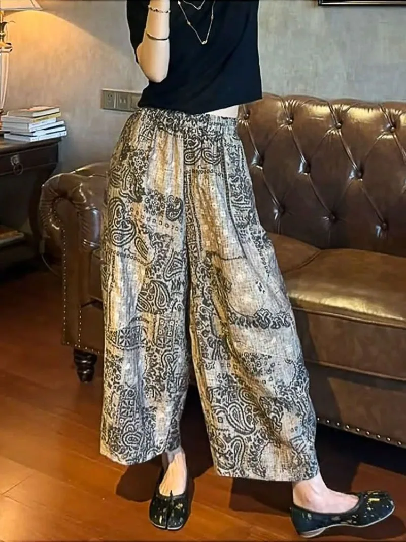2025 ฤดูร้อนใหม่ Retro พิมพ์กางเกงบางผู้หญิงเอวสูงสบายๆกางเกงอเนกประสงค์แฟชั่นหลวมกางเกงขากว้าง