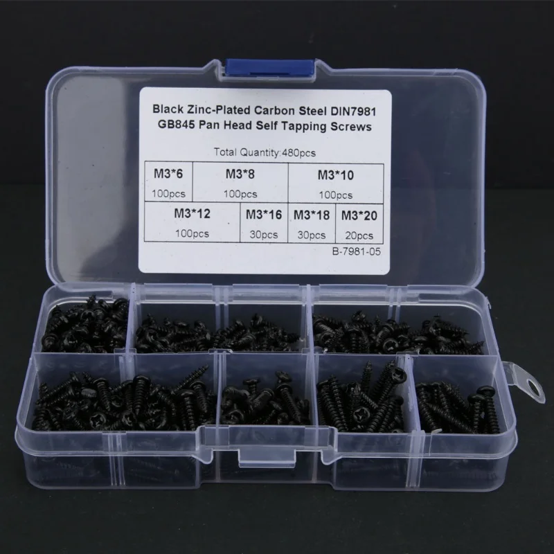 480Pcs Self Tapping Screw Pan Round Head Carbon Steel Fittings M3 Black Nickel Plating(Carbon Steel Black )
