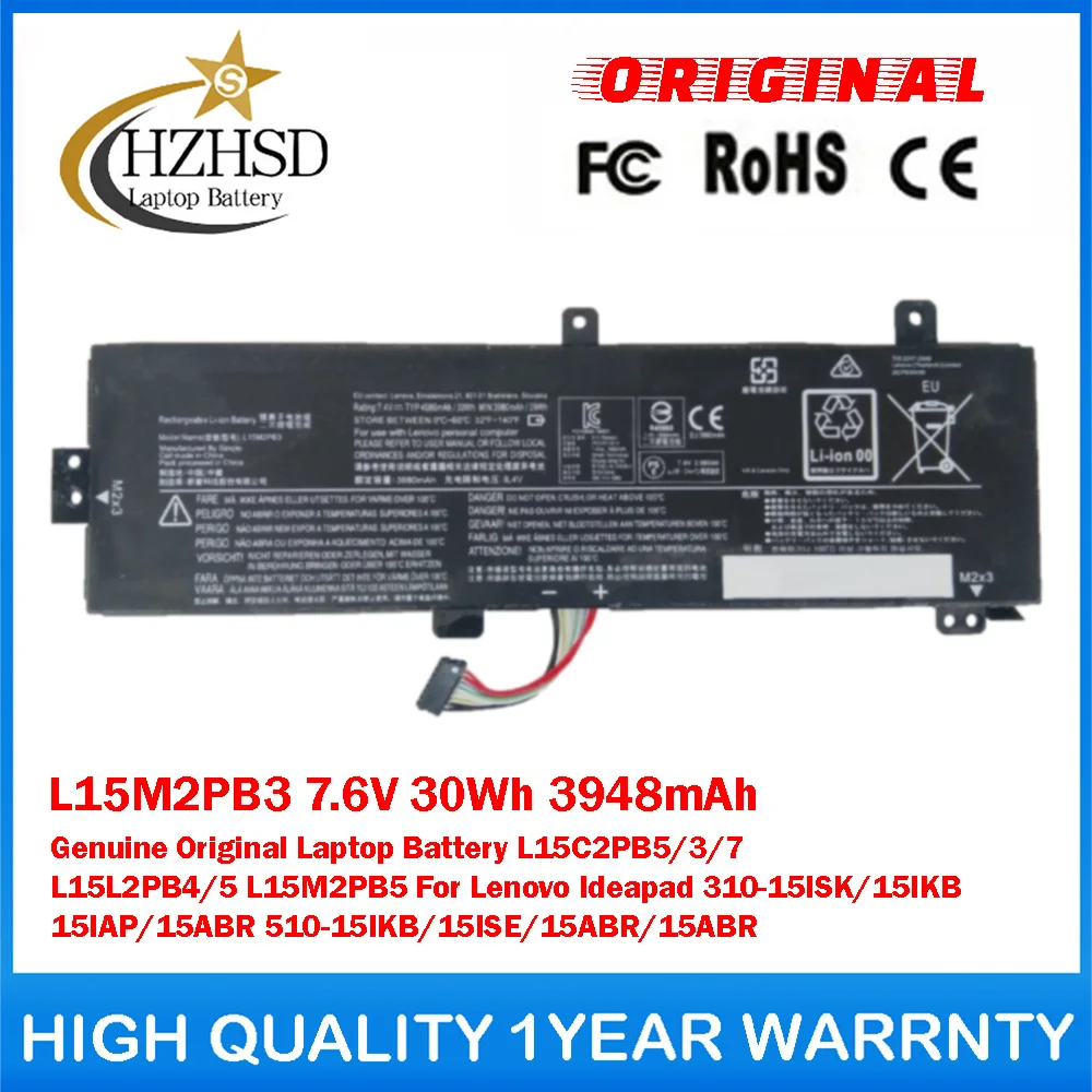 

L15M2PB3 7.6V 30Wh 3948mAh Genuine Original Laptop Battery L15C2PB5/3/7 L15L2PB4/5 L15M2PB5 For Lenovo Ideapad 310-15ISK/15IKB