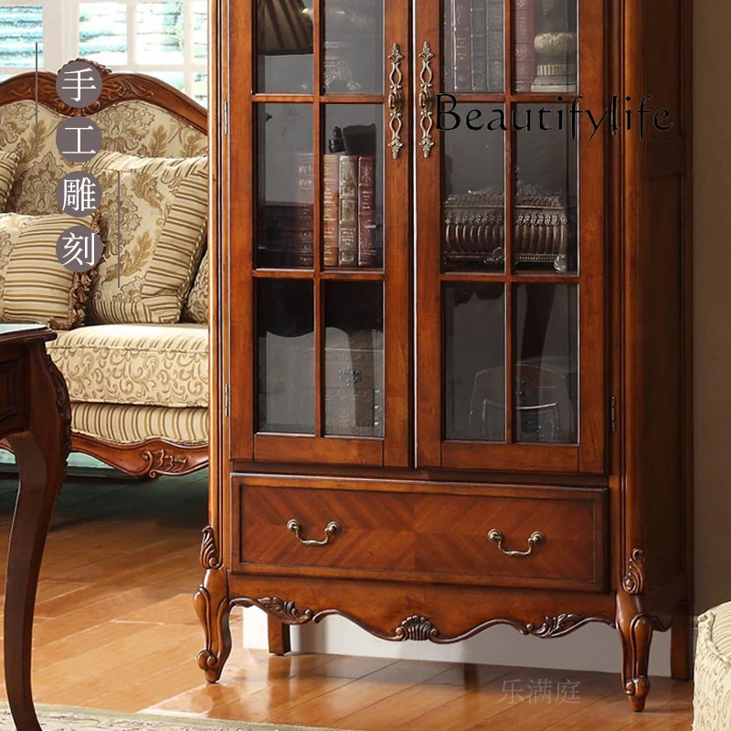 Solid wood bookcase American double door bookcase, European small apartment study floor locker 1 meter