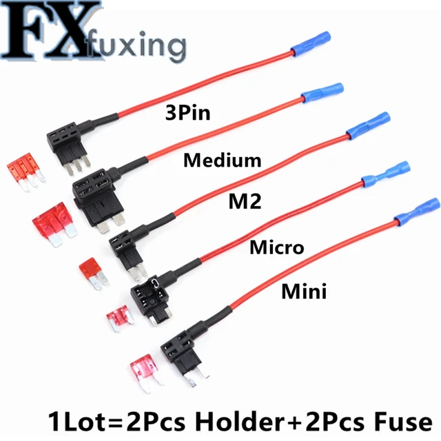 2Zestaw 12V MINI SMALL MEDIUM M2 Uchwyt bezpiecznika samochodowego Dodatkowy adapter TAP z bezpiecznikiem 5A 10A 15A 20A 25A Micro Mini ATM Blade Fuse