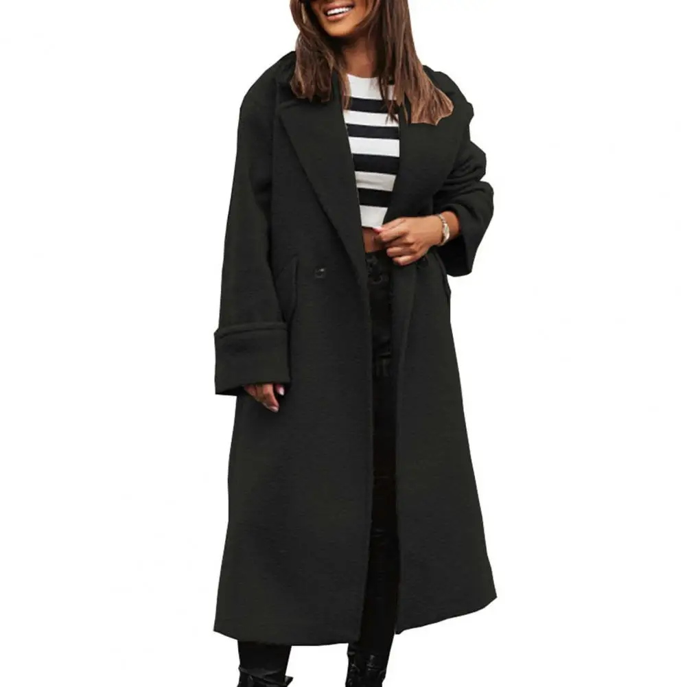 Autunno inverno donna giacca lunga allentata cappotto con risvolto spesso tasche antivento bottoni doppi soprabito da donna Outwear