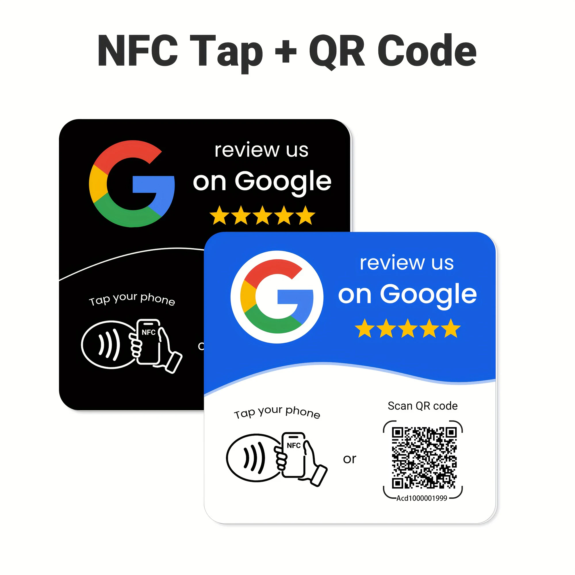 บัตร NFC แบบสี่เหลี่ยม NFC 215 พร้อม QR code ที่ตั้งโปรแกรมได้ สำหรับรีวิว Google  แท่นวาง NFC สำหรับโต๊ะ  จอแสดงผล NFC แบบโค้งงอ พร้อมขาตั้งยึดแบรนด์