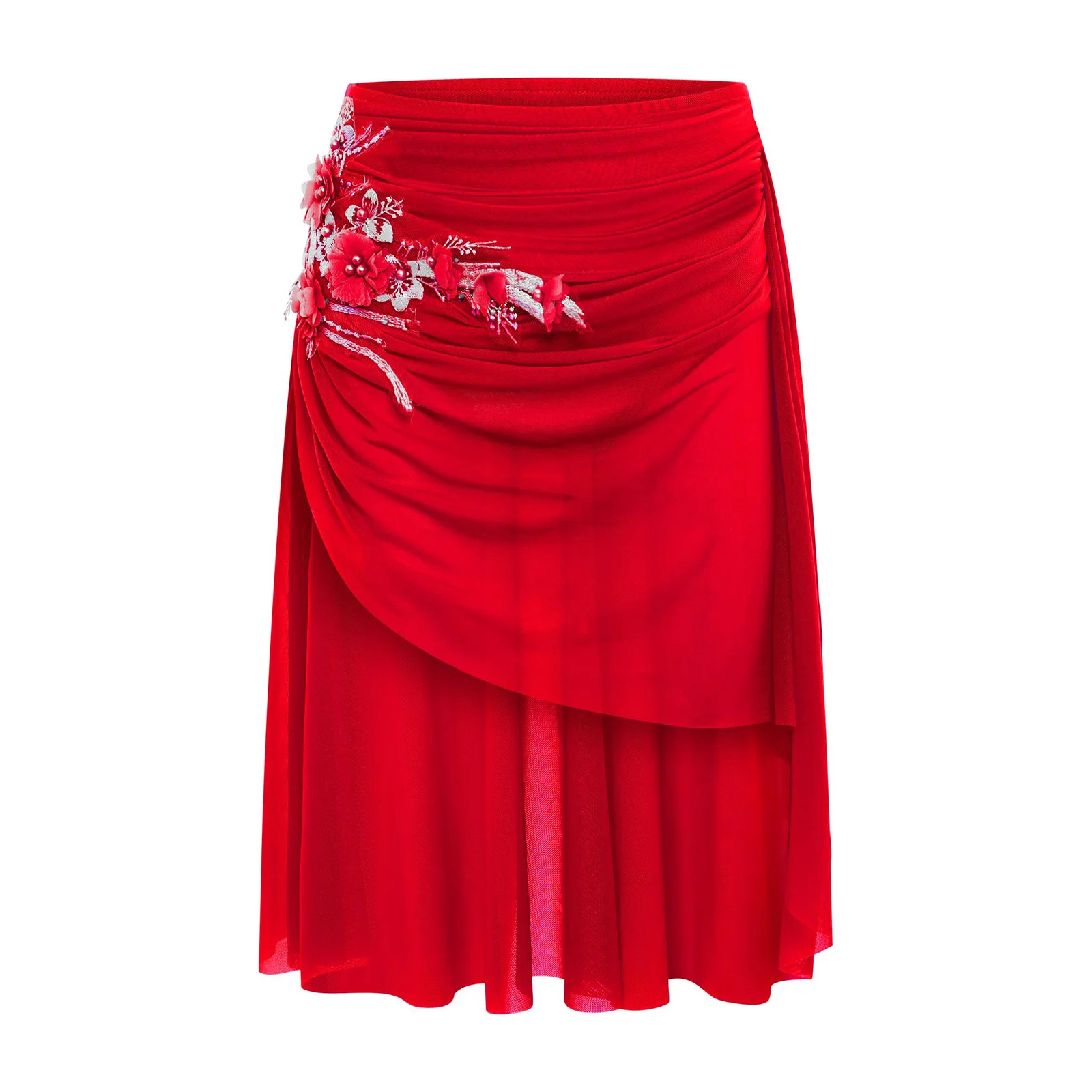 

Kids Girls Modern Lyrical Dance Skirts Applique Elastic Waistband Asymmetrical Ruched Mesh Skirt Dress with Built-in Briefs