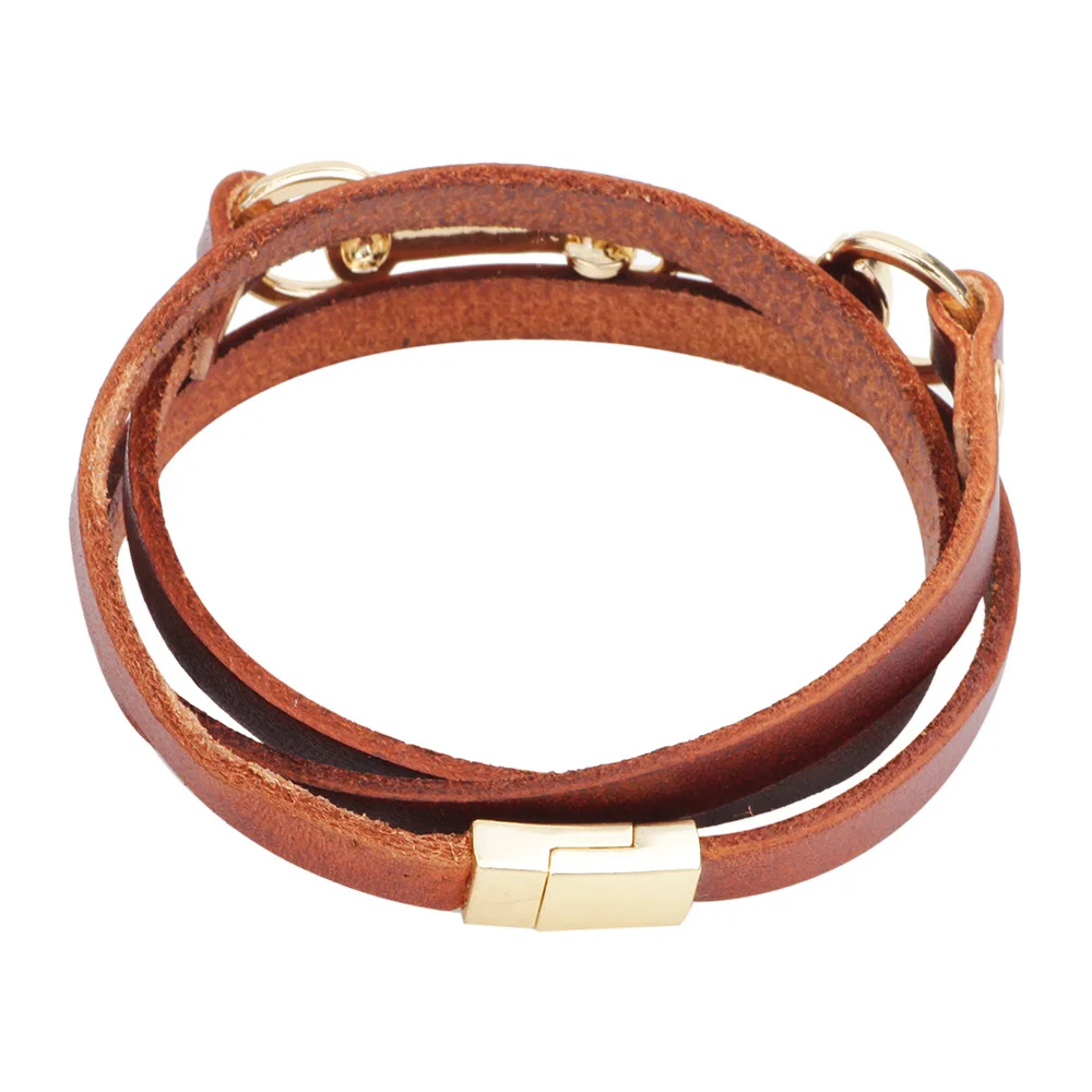 Kirykle Brand Brown Black Multilayer Leather Bracelets for Women Femme Bohemian Style Magnetic Buckle Bracelet Female Jewelry