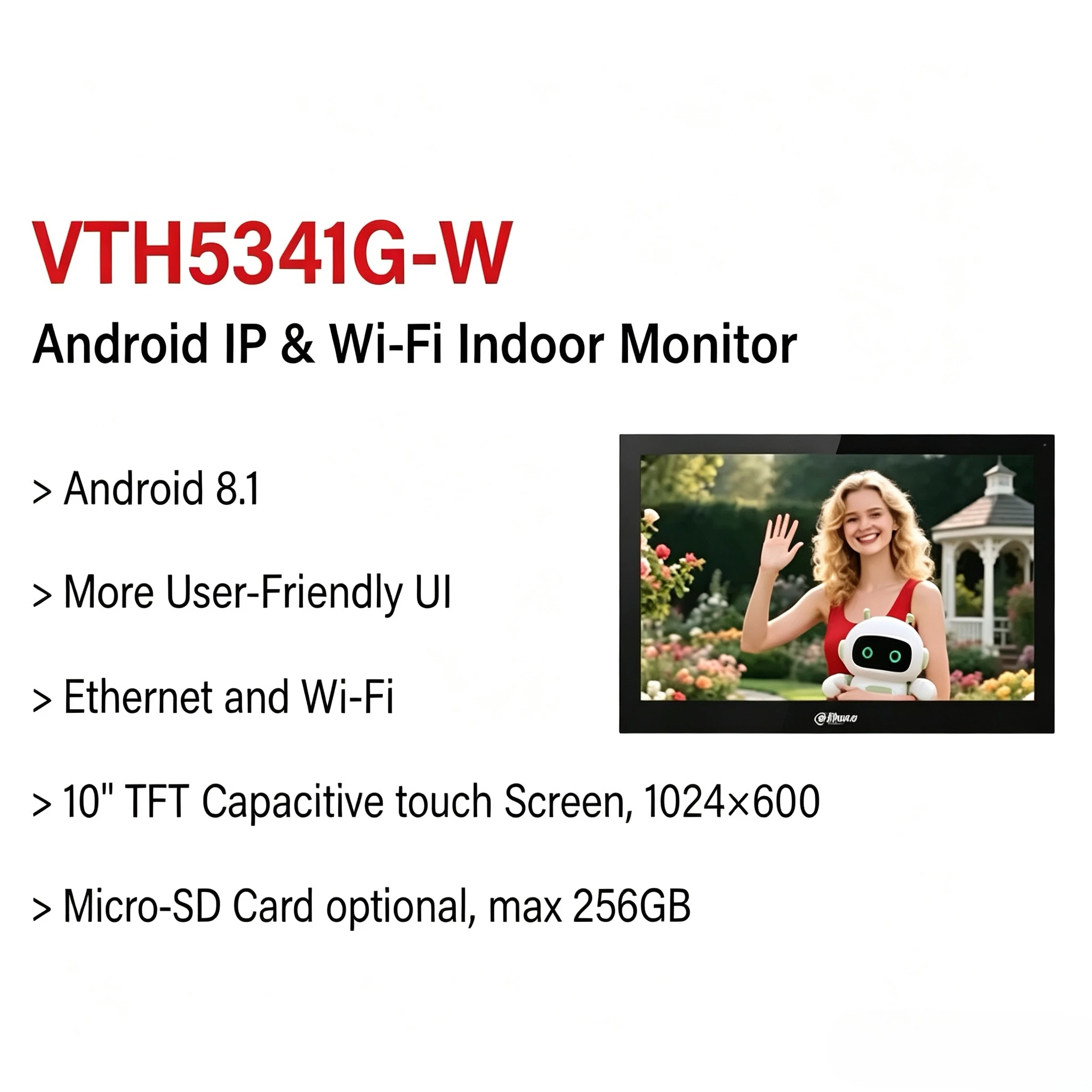 Dahua VTH5341G-W Original Android IP & Wi-Fi Indoor Monitor 10'' Touch Screen IP Camera Monitor With PoE RS-485 Port MultiLang
