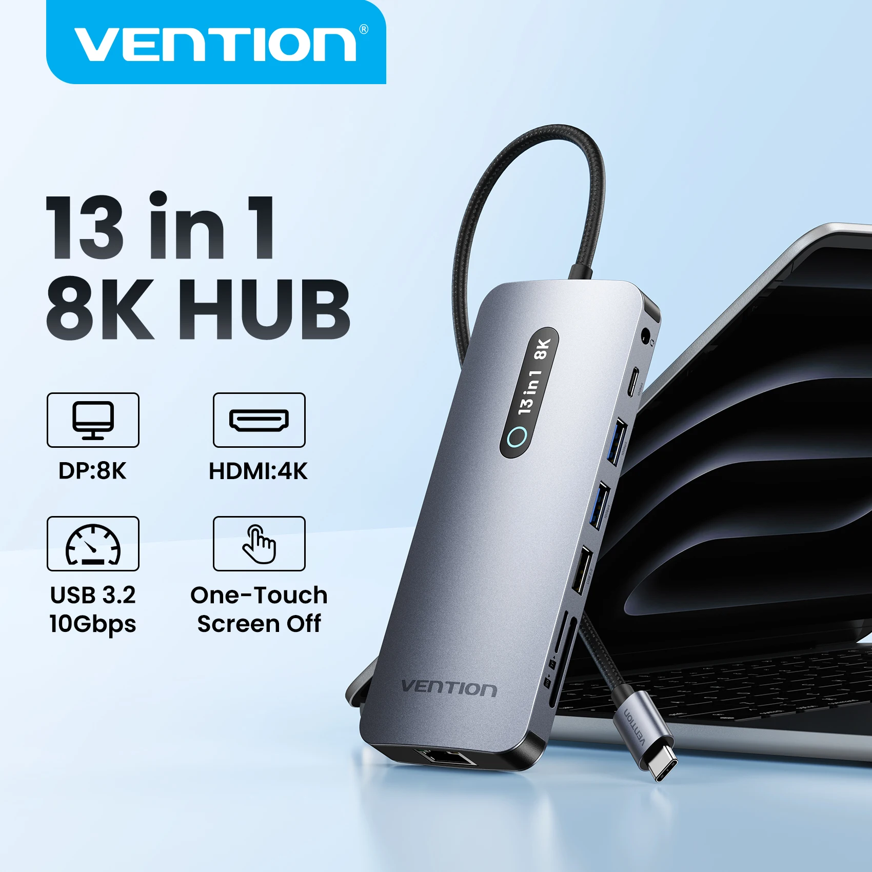 Vention USB C 8K 4K DP HDMI Docking Station 13 in 1 USB 3.2 10Gbps HUB TF SD RJ45 HUB One Touch Screen Off for MacBook Windows