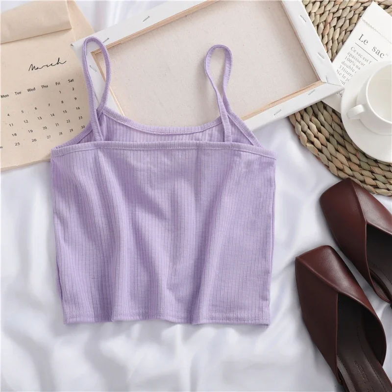 Women Summer Cute Solid Cotton Tank Top Elastic Backless Thin Spaghetti Strapy Knit Camisole Simple Basic Comfortable Base Shirt