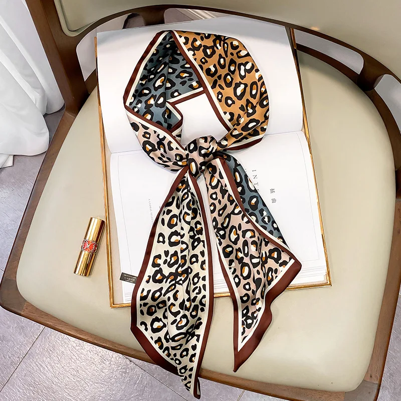 Designer Small Silk Square Scarf Women Narrow Long Leopard Striped Print Handkerchief Lady Head Hair Band Scarfs Kerchief Female