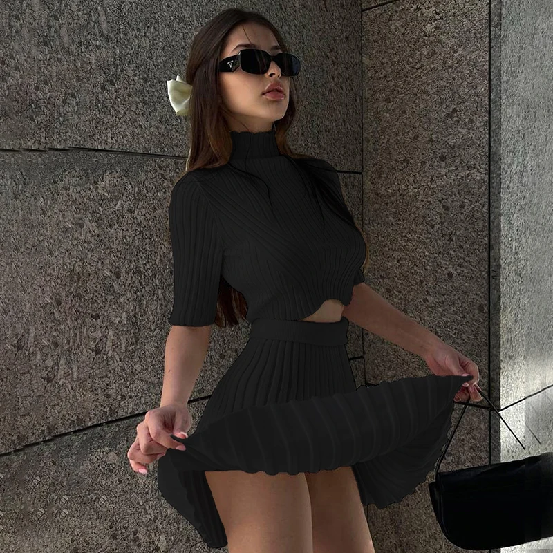 Fashion Sweater Skirt Set Short Sleeve O Neck Tops Slim Pleated Skirt Two Piece Set Women utfit Knitted Mini Skirt Sets XY23318