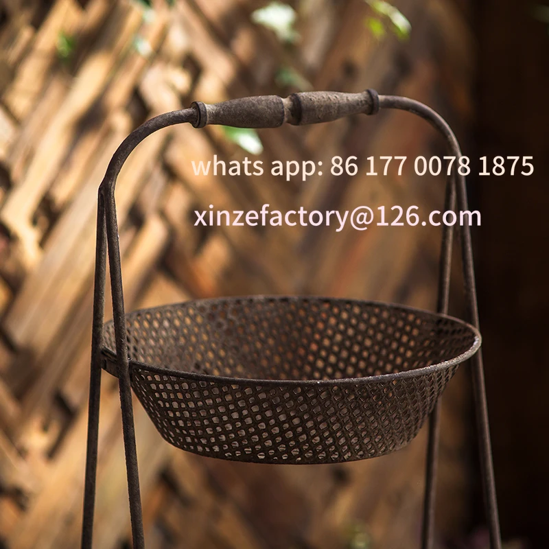 Customizable Vintage Iron Two-Tier Basket Stand, Rustic Metal Plant Holder, Decorative Organizer for Home, Garden, Ritual