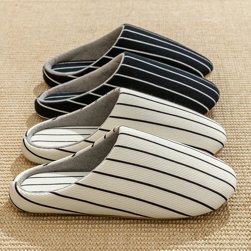 

Japanese Style Striped House Slippers, Unisex for Spring & Autumn, Comfortable Breathable Non-Slip Flat Slippers for Bedroom