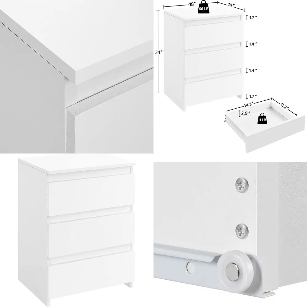 

3-Drawer Wooden Nightstand, Compact Storage Cabinet for Bedrooms, White