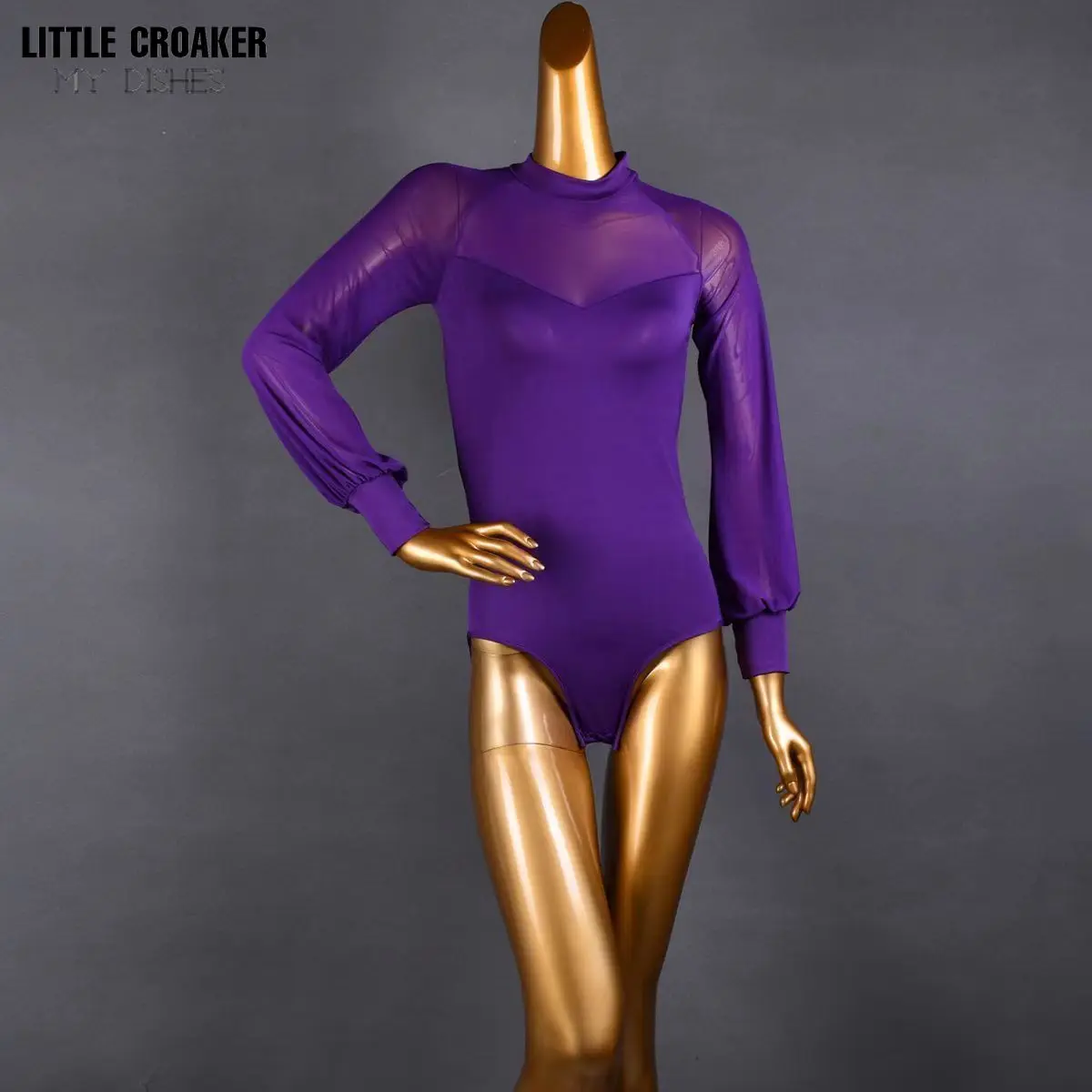 Purple Black Long Sleeve Ballet Leotards for Women Dance Costume Mesh Splice Adult Ballet Swimsuit Gymnastics Leotard Bodysuit